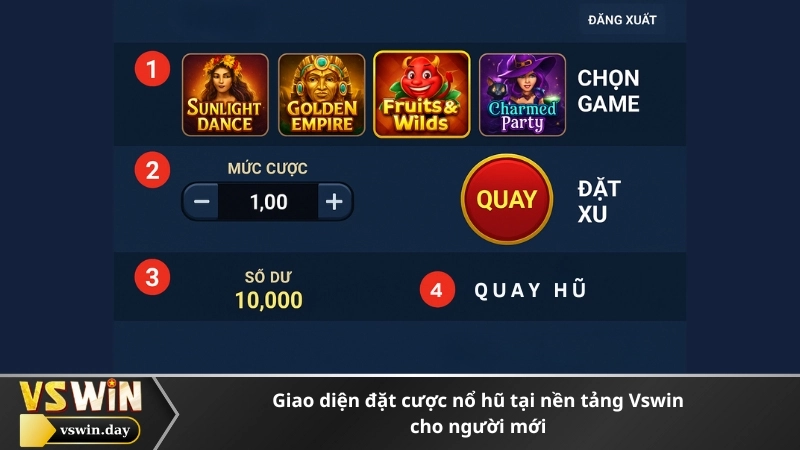 Giao diện đặt cược nổ hũ tại nền tảng Vswin cho người mới